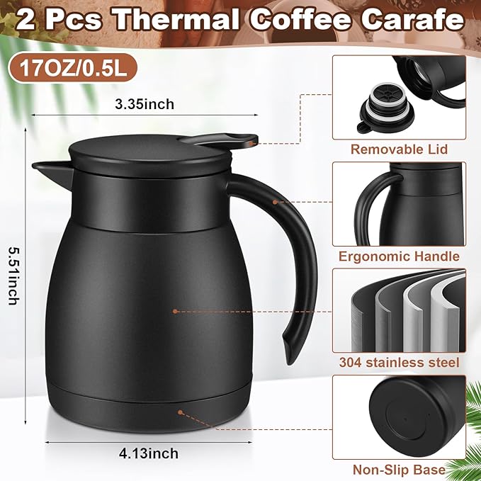 Uiifan 2 Pcs 17 Oz Thermal Coffee Carafe Stainless Steel Insulated Vacuum Coffee Carafes Double Walled Vacuum Thermal Pot Flask with Brushes for Keeping Cold Hot Tea Water Milk Home Office (Black)