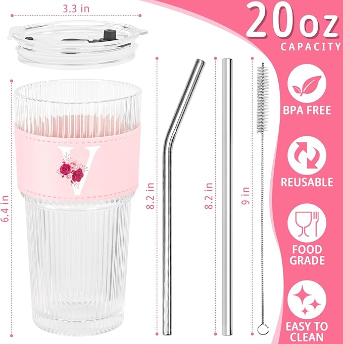 Personalized Gifts for Women,20oz Ribbed Glass Tumbler,Monogrammed Gifts for Women,Birthday Gift,Ice Coffee Mug,Christmas Gift for Mom Sister-V