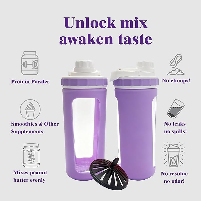 Glass Shaker Cup Odorless BPA Free– Glass Shaker Bottle for Protein 26oz Durable Borosilicate Glass, Leak-Proof & BPA-Free – Ideal for Creamy Protein Shakes, Smoothies & Workout Drinks (Lilac)