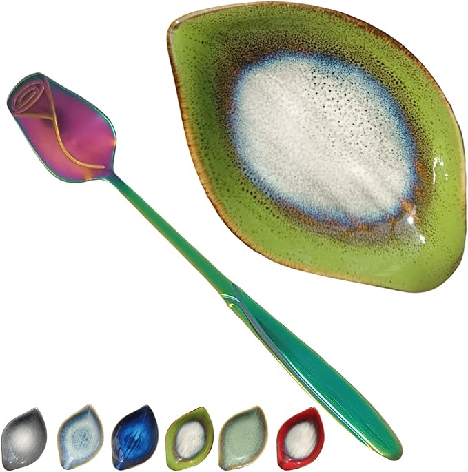 Coffee Spoon and Rest for Coffee Bar Accessories, Leaf Small Spoon Rest for Coffee Station, Tea Spoon Rest Tea Spoon Holder Teaspoon Rest, 1 PC (Retro Grass Green with Rainbow Rose Spoon)
