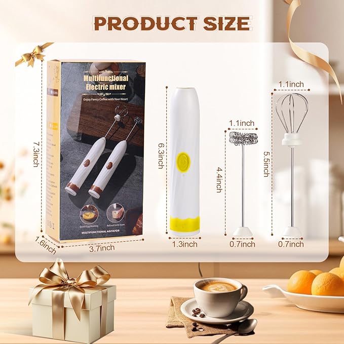 Milk Frother Handheld Rechargeable,Hand Mixer Electric Whisk with 2 Speeds,Drink Mixer Coffee Frother With 2 Stainless Steel Whisks for Coffee, Matcha, Lattes, Cappuccino,Egg,No Stand,Yellow