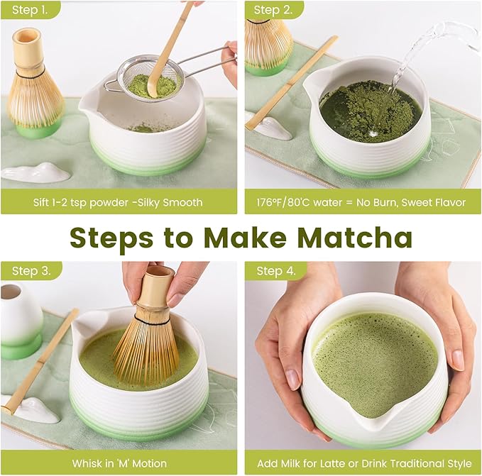 7 Pcs Matcha Whisk Set, Complete Japanese Tea Ceremony Kit with Ceramic Bowl (Chawan) & Bamboo Whisk, Traditional Starter Matcha Set, Ideal Gift for Beginners & Matcha Lovers