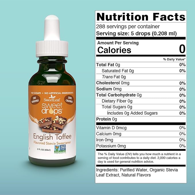 SweetLeaf Sweet Drops - Flavored Stevia Liquid Sweetener, Organic Stevia Extract, Zero Calories, Gluten Free, Keto Friendly, Non GMO, Natural Flavor - English Toffee, 2 Fl Oz (Pack of 2)