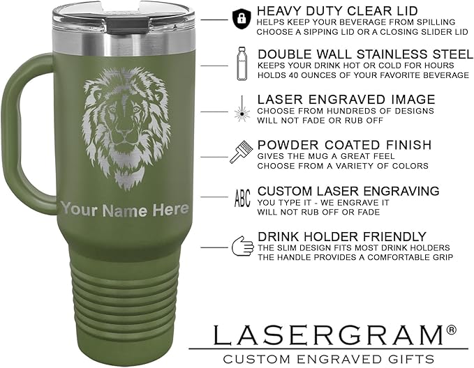 LaserGram 40oz Vacuum Insulated Travel Mug with Handle, Tiki Statue, Personalized Engraving Included (Camo Green)