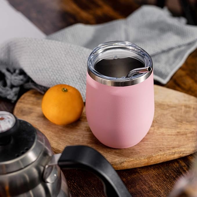 COMOOO Stainless Steel Wine Tumbler Glass Bulk with Lid and Straw 12oz Double Wall Vacuum Insulated Travel Tumbler Cup Stemless for Hot and Cold Drinks, Coffee, Wine, Cocktails, Pink, 8 Pack