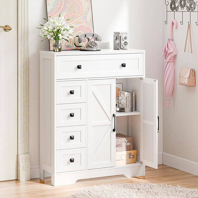 Vabches Farmhouse Storage Cabinet with 2 Doors and 5 Drawers, Freestanding Bathroom Cabinets Kitchen Pantry, Floor Storage Cabinet Hutch Cupboard for Living Room/Bathroom/Kitchen.White