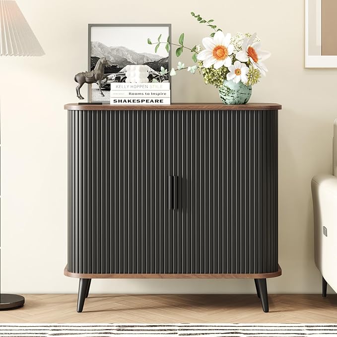 Accent Cabinet with Sliding Doors - Black Sideboard Buffet Cabinet with Storage for Coffee Bar, Console Table - MCM Design Bar Cabinets for Modern Home Décor