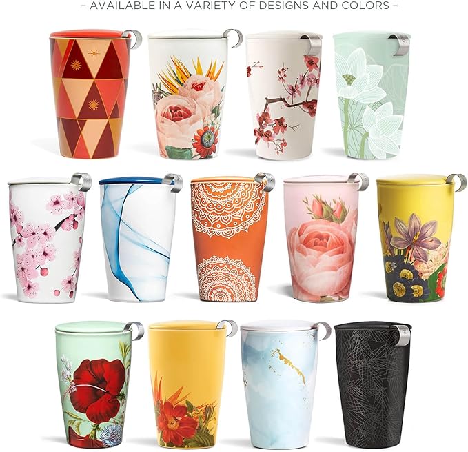 Tea Forte Double-Walled Ceramic Kati Cup, Removable Stainless Steel Infuser Basket and Lid, Steeps 12 oz Loose Leaf Tea, Dishwasher & Microwave Safe, Mariposa