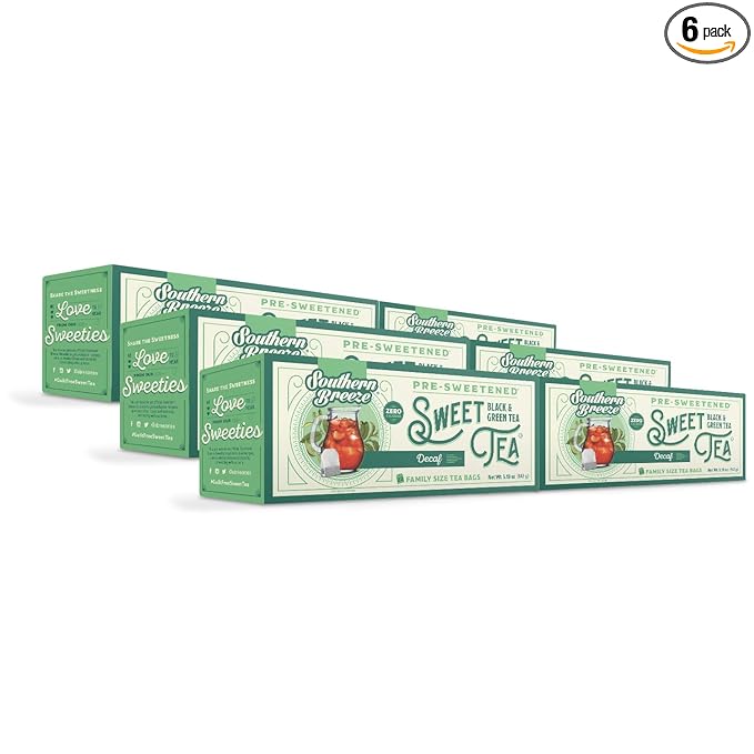 Southern Breeze Hot Brew Sweet Tea Decaf Iced Tea with Black Tea and Zero Carbs Zero Sugar, 22 Family Size Tea Bags, Pack of 6