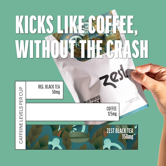 Zest High Caffeine Black Tea Bags – Earl Grey Energy Tea with Natural Bergamot – 150mg Caffeine per Cup – Focus & Morning Breakfast Tea for Energy – Caffeinated Coffee Substitute – 20Ct Pack