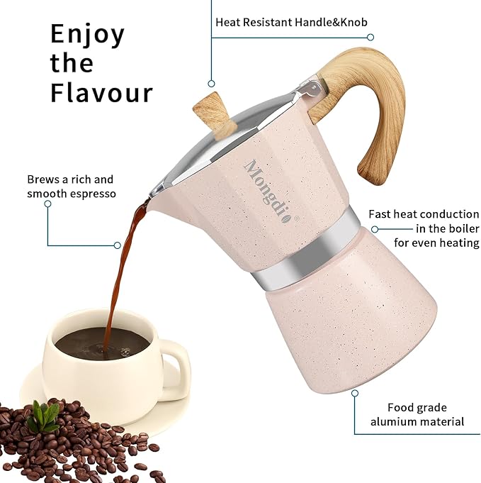 Mongdio Stovetop Espresso Maker Moka Pot, Cuban Coffee Maker Stove top coffee maker Moka Italian Espresso Greca Coffee Maker Brewer Percolator, 6 Espresso Cups, 10 oz - Pink