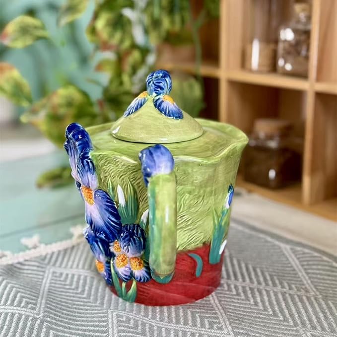 Ceramic Coffee Pot, 3D Hand-Painted 40oz Lrises Flower Teapot, Home Décor