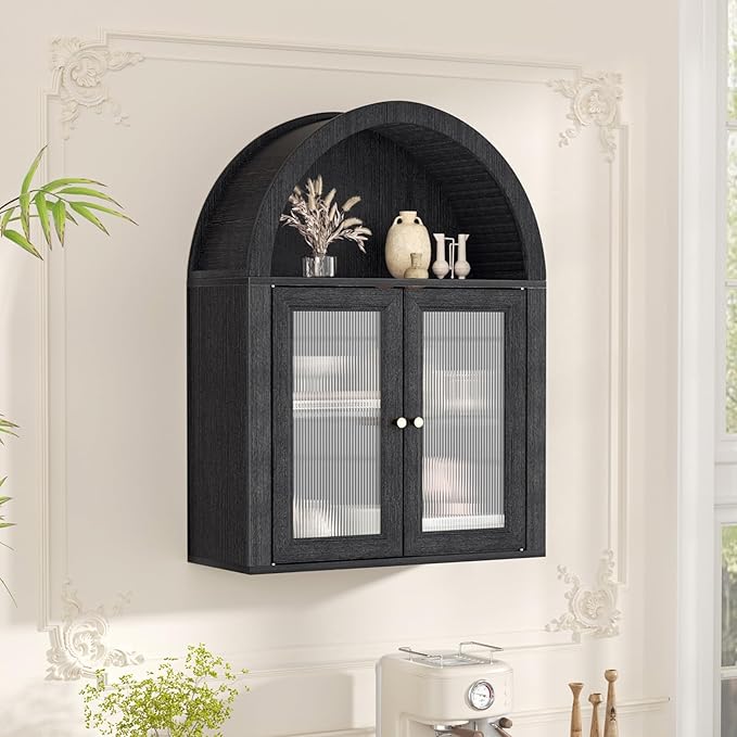 Arched Bathroom Cabinet, Wall Mounted Bathroom Cabinet with Tempered Glass Doors and Adjustable Shelf, for Kitchen, Living Room, Laundry Room, Restroom, Black