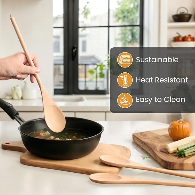 HANSGO 6PCS Wooden Spoons, 12 Inch Wooden Mixing Spoons Long Handle, Large Wood Kitchen Utensils for Cooking Stirring Baking Tasting, DIY Available