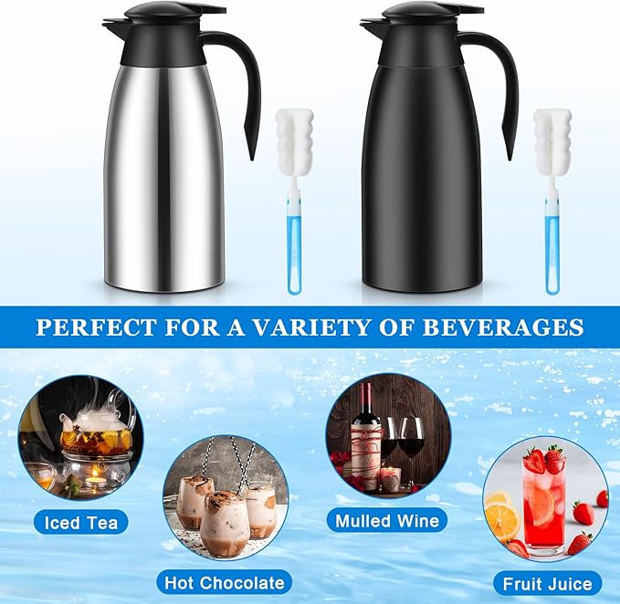 Uiifan 2 Pcs 68oz Thermal Coffee Carafe Insulated Stainless Steel Thermal Coffee Carafe Double Walled Vacuum Flask Carafes with Brushes for Keeping Tea for 12 Hours(Black, Silver)