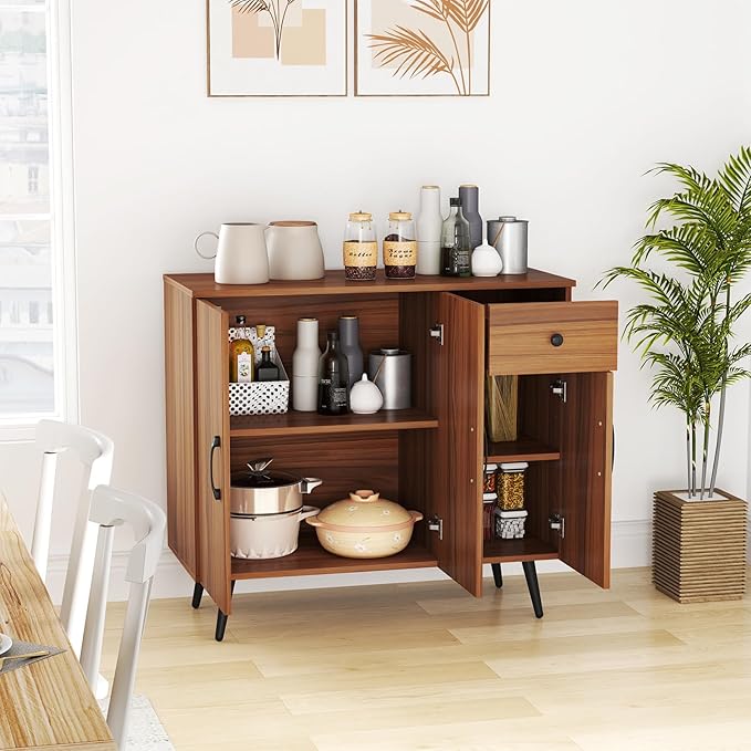 Buffet Cabinet with Storage, Sideboard Cabinet with Drawers, Kitchen Storage Cabinet w/Doors & Shelves, Farmhouse Buffet Table, Bar Cabinet for Kitchen, Dining Living Room, Entryway (3 Doors)