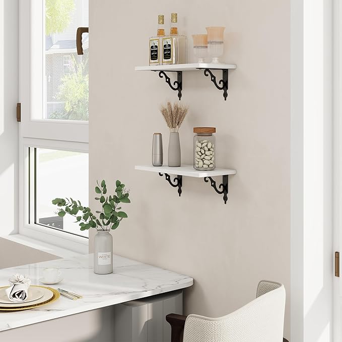 RICHFOCUS Floating Shelves for Wall Decor, 8 Inch Deep Shelves Set of 2, 16W x 8D Floating Shelves Wall Mounted with Metal Brackets, Rustic Wood Shelves for Living Room Bedroom Kitchen, White