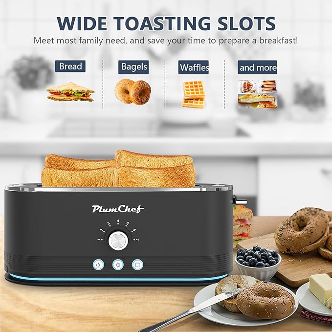 4-Slice Toaster, 7 Browning Settings, Defrost/Reheat Functions, Removable Crumb Tray, Full body Stainless Steel Housing 1350W ，Anti-Fingerprint & Anti-Jam,(1, Black)