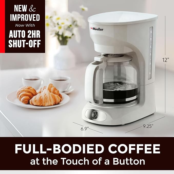 MUELLER HOME 12-Cup White Coffee Maker - Borosilicate Carafe, Auto-Off, Reusable Filter, Anti-Drip, Keep-Warm Function, Clear Water Level Window, White Kitchen Accessories