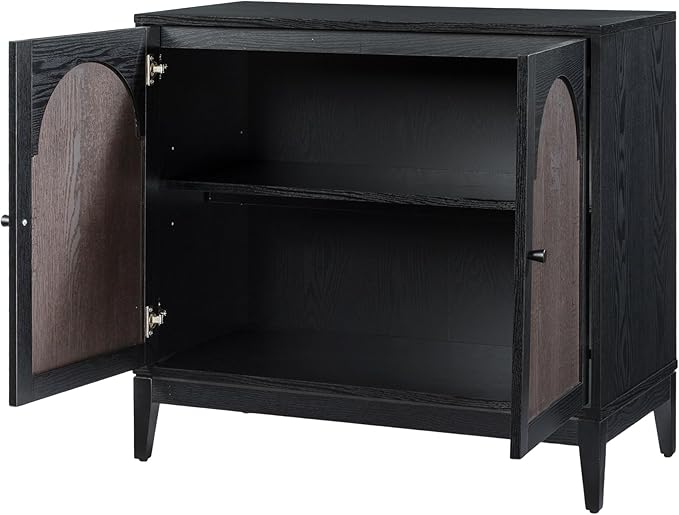 SANGO Arch 2-Door Accent Cabinet, Modern Black & Brown Storage Cabinet with Elegant Arched Doors, Adjustable Shelf, Sturdy Wooden Legs, Stylish Furniture for Living Room or Office Room