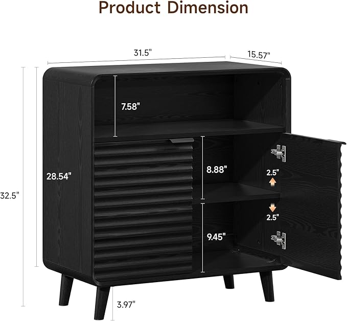 ONBRILL 31.5" Sideboard Buffet Cabinet with Storage, Curved Sideboard with 2 Wave Doors and Angled Side Frame, Small Storage Cabinet with Adjustable Shelves, Coffee Bar Cabinet for Dining Room, Blcak