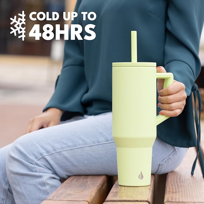 Elemental 40 oz Tumbler with Handle and Straw - Spill Proof Insulated Stainless Steel Commuter for Hot and Cold Beverages - Travel Coffee Mug with 2 Straws & Spill Proof Lid - 40oz - Key Lime