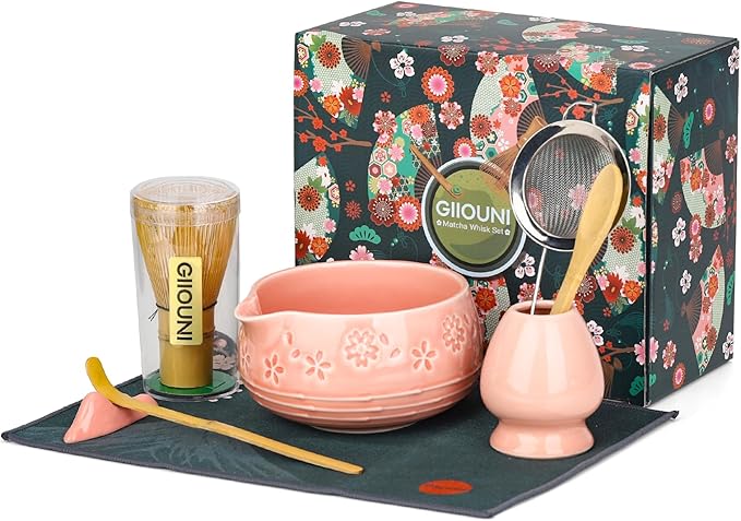 Matcha Whisk Set, Ceramic Bowl with Spout, Bamboo Matcha Whisk & Spoon, Chasen Holder, Scoop Rest, Sifter, 8-Pcs Japanese Ceremony Matcha Powder Kit–Christmas Gift for Women-Pink