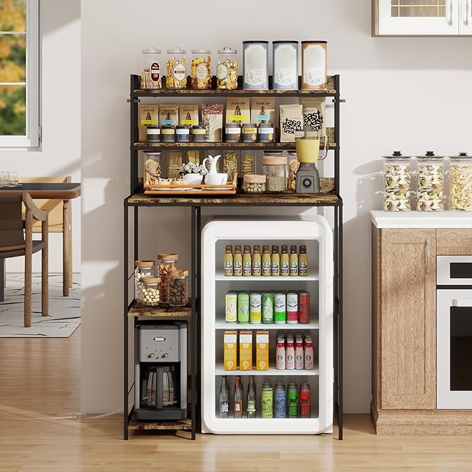 ELECWISH Mini Fridge Stand with Storage Shelves, 5-Tier Kitchen Bakers Rack, Space Saving Mini Fridge Cabinet, Adjustable Left/Right Organizer with Power Outlet, Brown