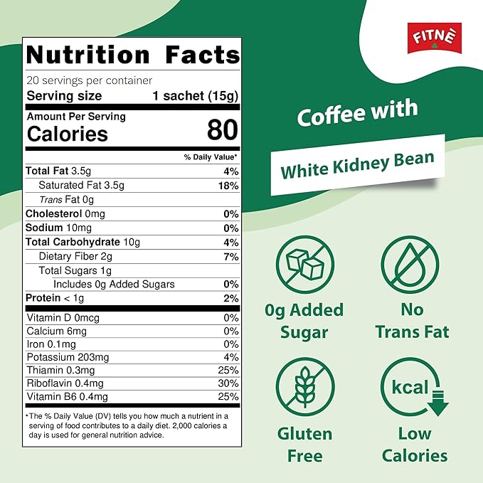 FITNE Instant 3 In 1 Coffee Packets Mix With White Kidney Bean Extract L-Lysine Vitamin B1 B2 B6 Smooth Blend No Sugar Sucralose Sweetener, 20 Sachets