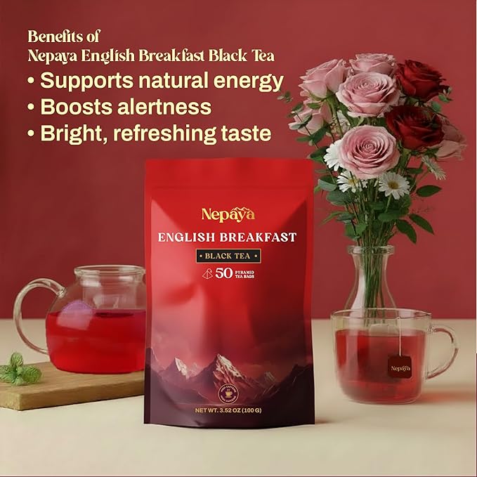 Nepaya English Breakfast Black Tea – 50 Pyramid Tea Bags, Strong & Robust, High Caffeine, Biodegradable, Himalayan Whole-Leaf