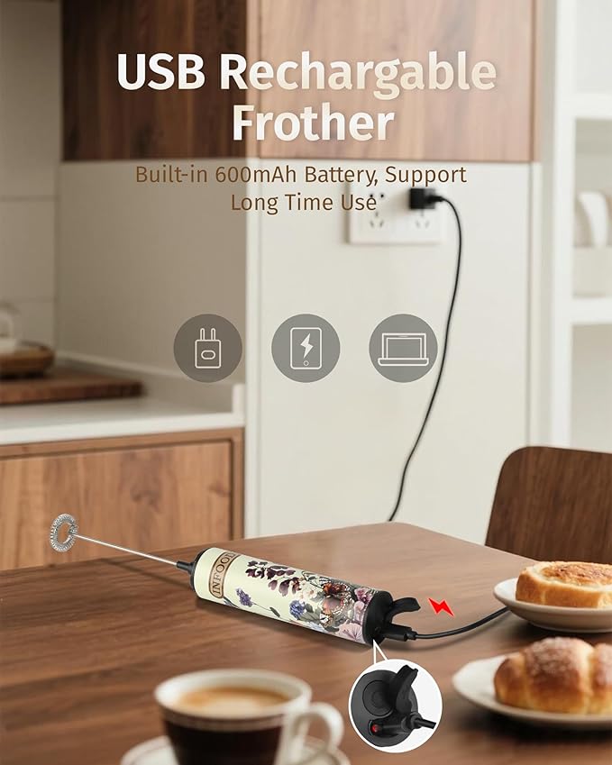 INFOOD Milk Frother Rechargeable with Cover - Coffee Frother Wand, Drink Mixer Handheld with 2 Detachable Stainless Whisks 2 Speed Adjustable for Latte, Cappuccino, Hot Chocolate, Egg, Vintage Floral