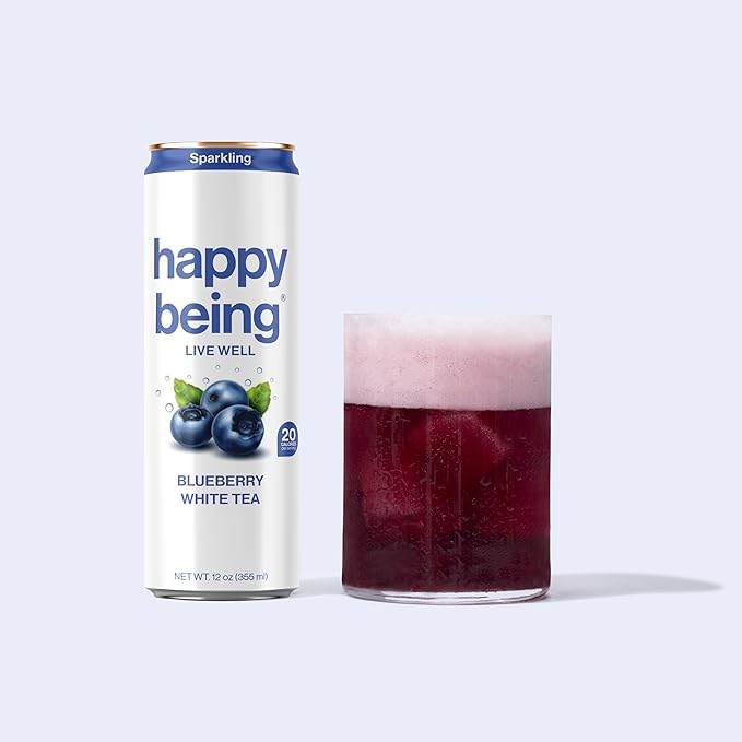 Happy Being Sparkling Nutrient-Rich Blueberry White Tea – Infused with Turmeric, Elderberry, Vitamin D3, Caffeine Free, Plant-Based, Low Calorie & Low Sugar Drinks, 12oz (16 Pack)