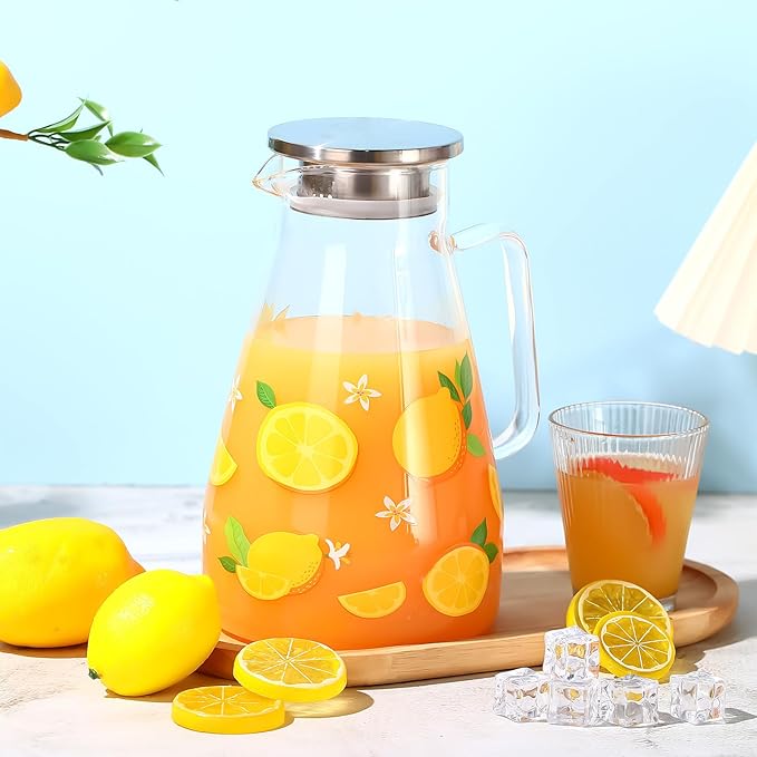 Domensi 74 oz / 2200 ml Glass Pitcher with Lid Water Pitcher with Handles Beverage Water Jar Glass Jug Hot and Cold Resistant Carafe for Tea Juice Milk Coffee Iced Beverage(Lemon)