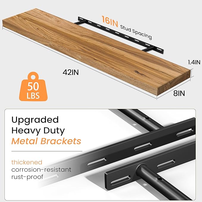 Fun Memories 42" Floating Shelves for Wall, Rustic Solid Elm Wood Floating Shelves - Invisible Bracket Mount, Extra Long Wall Mounted Shelf for Living Room, Bathroom, Bedroom, Kitchen, Natural