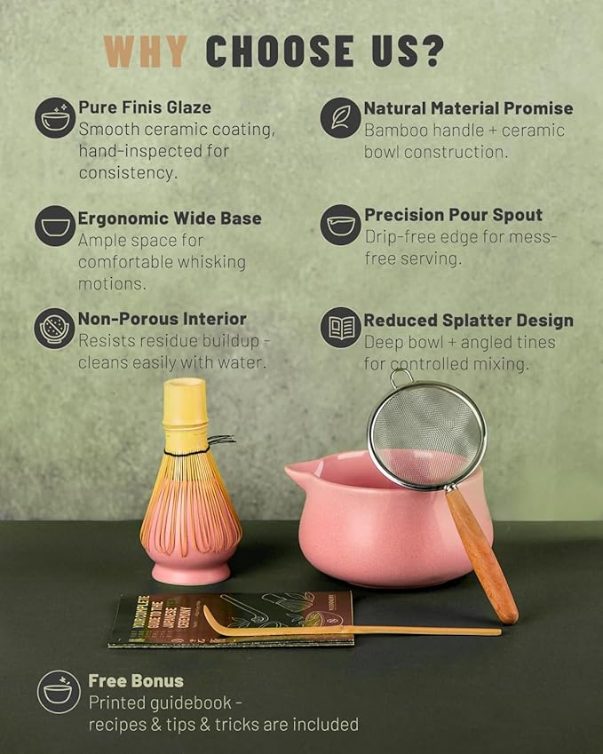 Nucookery Matcha Whisk Set - 5 Pcs Matcha Set with 18oz Ceramic Matcha Bowl (Chawan) with Spout, Bamboo Whisk & Holder, Scoop and Sifter | Complete Matcha Kit for Japanese Tea Ceremony (Pink)