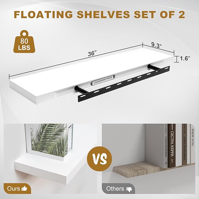 Fun Memories Floating Shelves, 9.3'' Deep Solid Pine Wood Wall Shelves for Storage, Wall Mounted Display Shelf with Invisible Heavy-Duty Metal Bracket, 36'' Width Set of 2, White