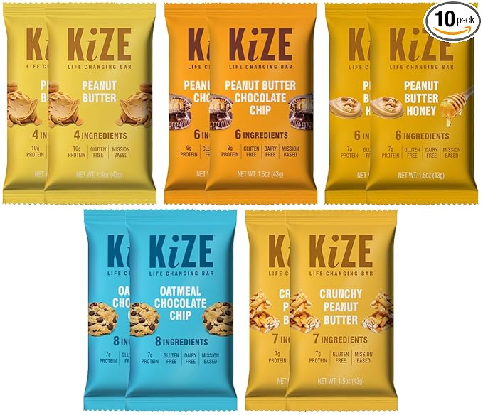 KiZE Energy Bars - Peanut Butter Lovers Variety Pack - Gluten Free, Dairy Free Options, Non-GMO, and High Protein Meal Replacement Energy Bars, Clean and Simple Food Ingredients - 7-10g High Protein Snacks, (10 Count)