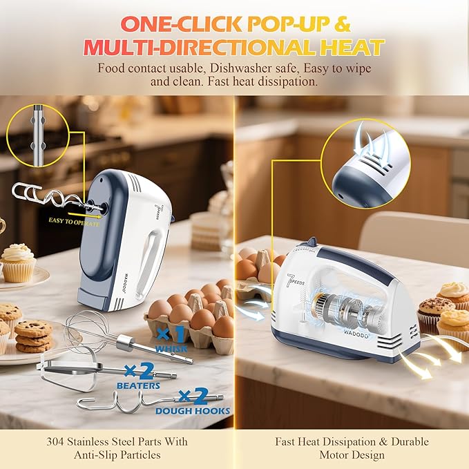 WADODO 200W Electric Hand Mixer – 7-Speed Kitchen Mixer Small Food Mixer with 304 Stainless Steel Beaters, Dough Hooks & Whisk for Baking Cakes, Cookies & Cream