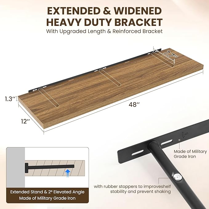 Dreamland 48" Floating Shelves for Wall, 12" Deep Slim Walnut Floating Shelves, Wall-Mounted Shelves for Bedroom, Living Room, Kitchen, Bathroom - Set of 2