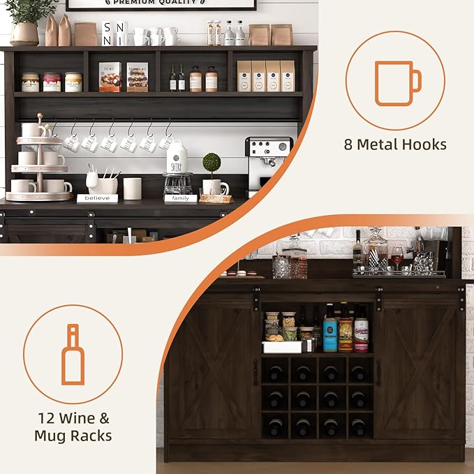 4ever2buy Farmhouse Coffee Bar Cabinet with Storage Hutch, 55“ Wine Bar with 12 Wine Racks and 8 Hooks, Coffee Station with 4 Open Shelves and Sliding Barn Doors for Kitchen, Dining Room, Dark Oak