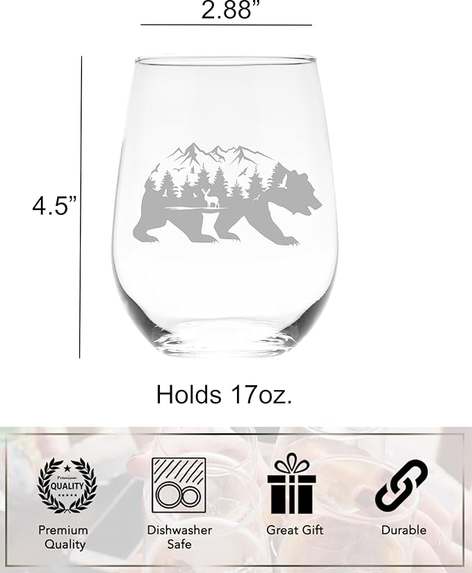 C M Bear Stemless Wine Glass - 17 oz - 1 Piece - Bear Mountain Themed Gift for Men and Women (Style B2)