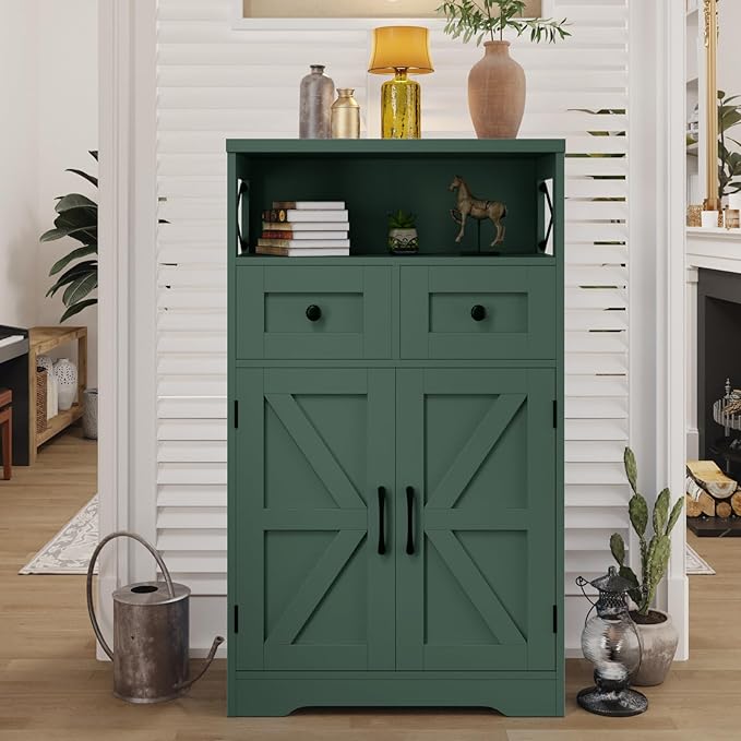 Farmhouse Dark Green Storage Cabinet with Barn Doors and 2 Drawers, Small Freestanding Kitchen Pantry Cabinet, Floor Storage Cabinets Hutch Cupboard for Kitchen/Laundry/Living Room/Bedroom