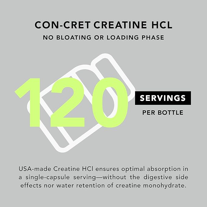 AMANDEAN Creatine HCl Pills. American Made CON-CRET. 120 Capsules. 7X Concentrated vs Monohydrate Powder. No Bloat. Muscle, Energy, Cognitive, Recovery Support for Men & Women. Gluten Free, Non-GMO.