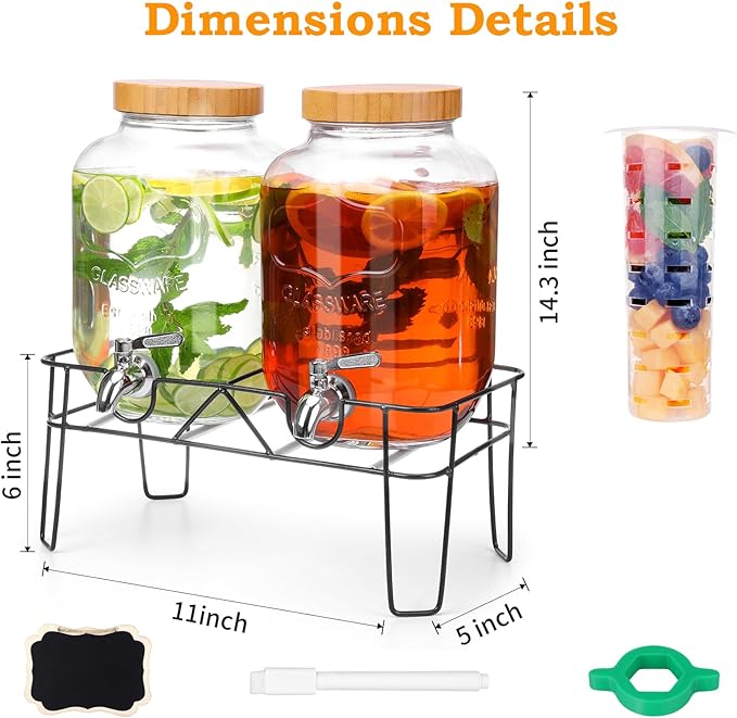 2 Pack 1 Gallon Glass Drink Dispenser with Bamboo Lids, Beverage Dispenser with Stand, Drink Machine for Lemonade, Iced Drinks Kombucha Dispenser for Parties