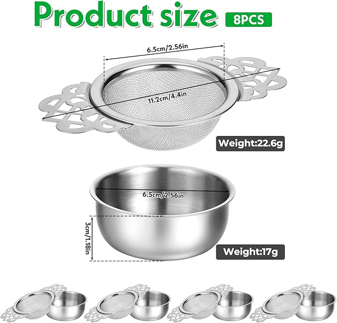 8 Pcs Mesh Tea Filter Strainers, 304 Stainless Steel Loose Tea Infuser Strainer with Petal Handles and Drip Bowl for Juice Coffee Filter, Sliver, 2.5 Inch