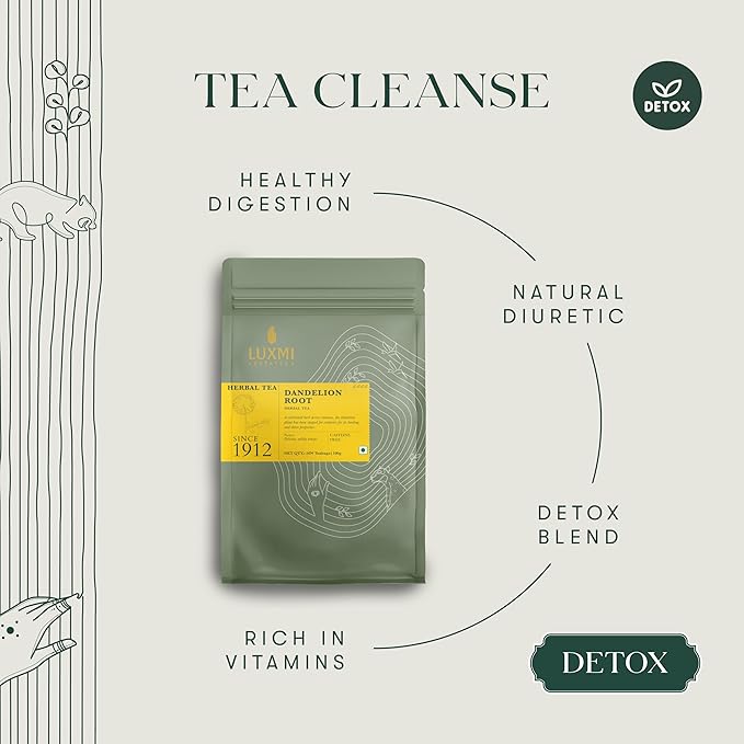 Luxmi Estates Pure Dandelion Herbal Organic Dandelion Tea (50 Tea Bags) Caffeine Free Tea Bags For Detox, Cleansing, and Digestion, With Certified Organic Dandelion Root Tea