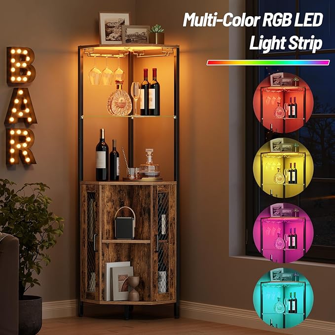 Corner Bar Cabinet with LED Lights, Tall Wine Cabinet with Storage, 5-Tier Industrial Corner Liquor Cabinet with Glass Holders, Adjustable Shelves, for Kitchen, Home, Rustic Brown and Black