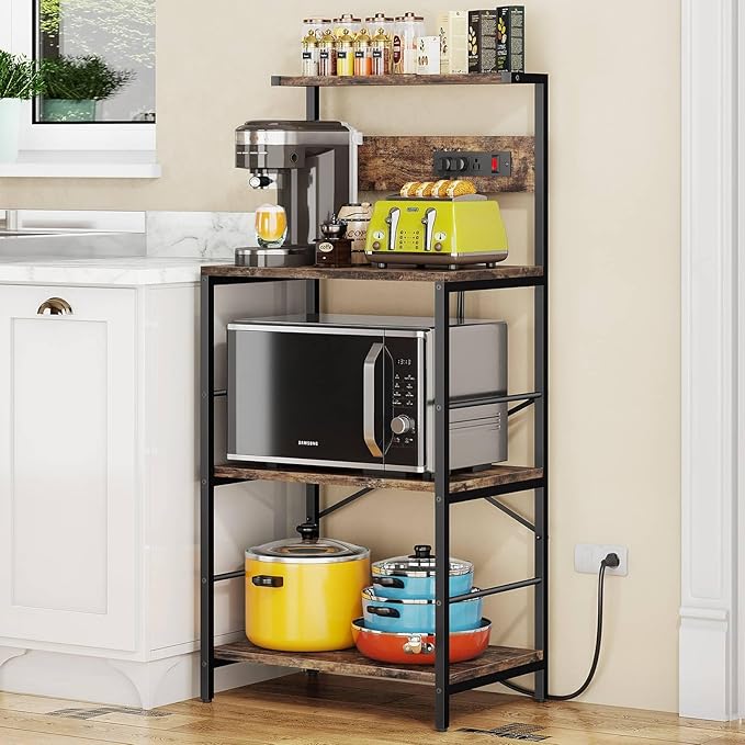 Bakers Rack with 3 Power Outlets, 4-Tier Microwave Stand with Storage, Freestanding Kitchen Shelf Stand 23.6”L x 15.7”W x 51.2”L, Rustic Brown Coffee Bar Table