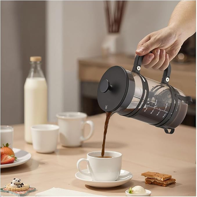 French Press Coffee Maker, 34oz 1 Liter Glass Coffee Press - Stainless Steel Filter, Cold Brew, Camping, Travel, Home, Silver