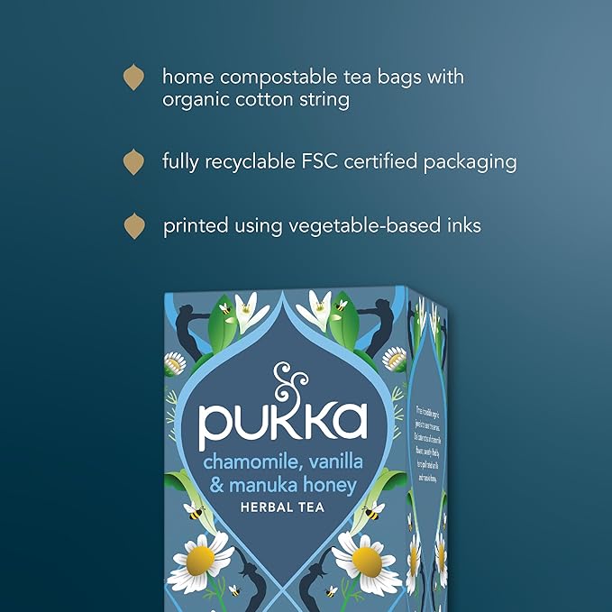 Pukka Calming Chamomile, Vanilla & Manuka Honey Organic Herbal Tea, Soothing Organic Tea Infusion Selection, Honey & Fennel Blend, Caffeine Free, 80 Total Bags (20ct - Pack of 4)